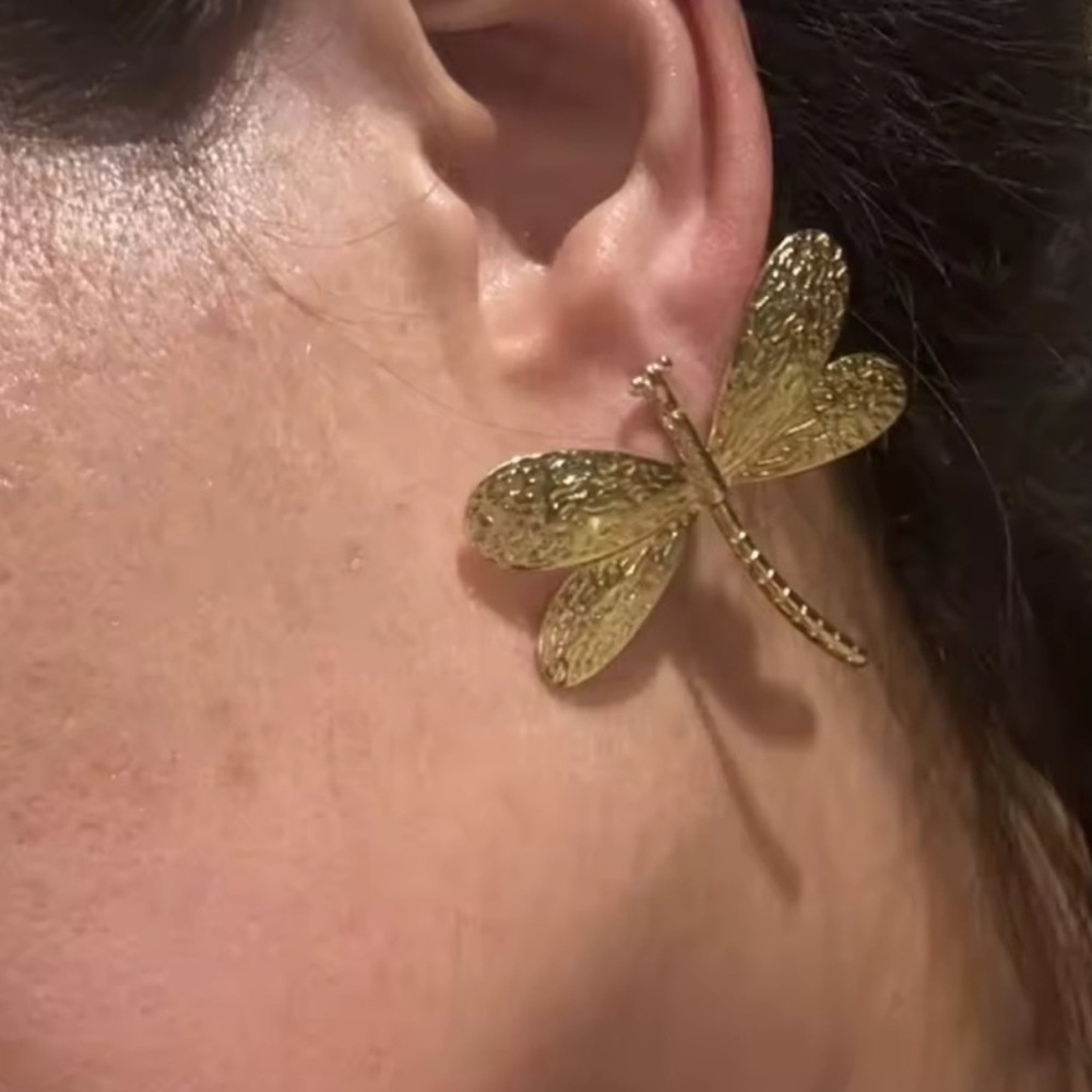 Gold Dragonfly Stud Earrings - Picture 3 of 8